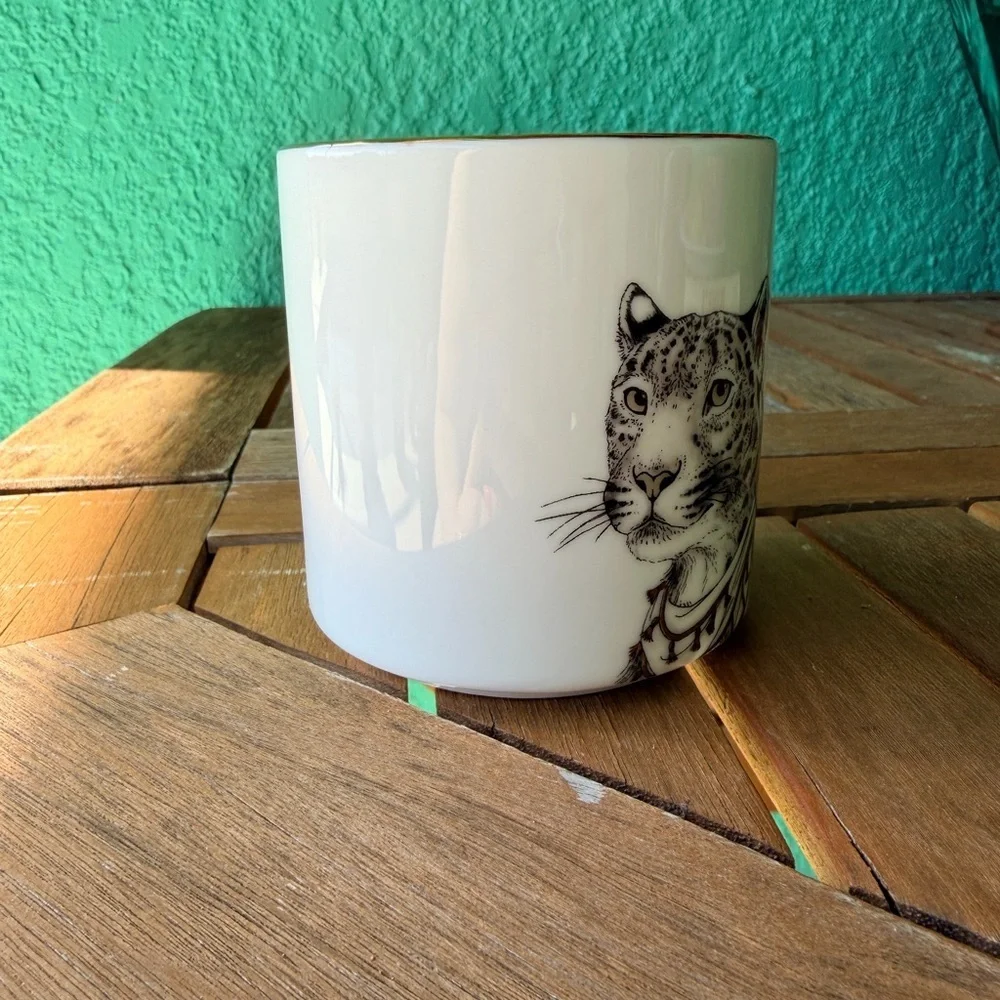 West Elm White Mug with Leopard Design